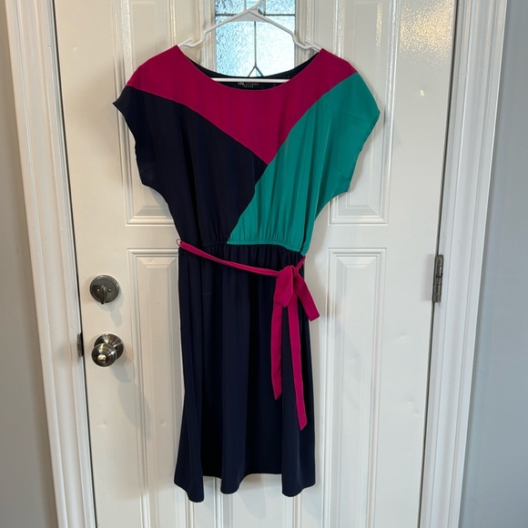 Navy Blue Color Block Dress with Pink Tie Around Waist - Picture 1 of 9